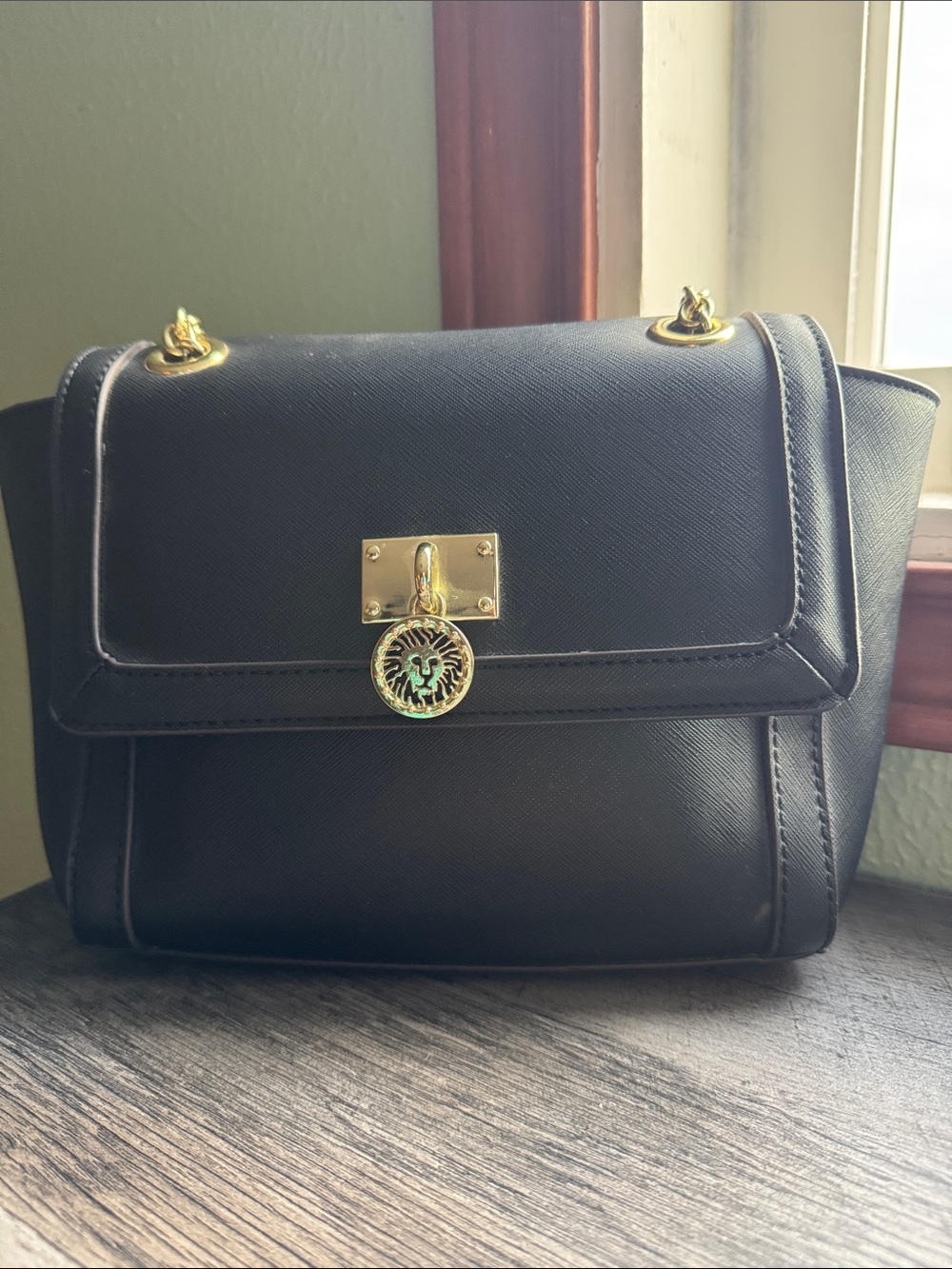 Anne Klein Black Shoulder Bag with Gold Medallion